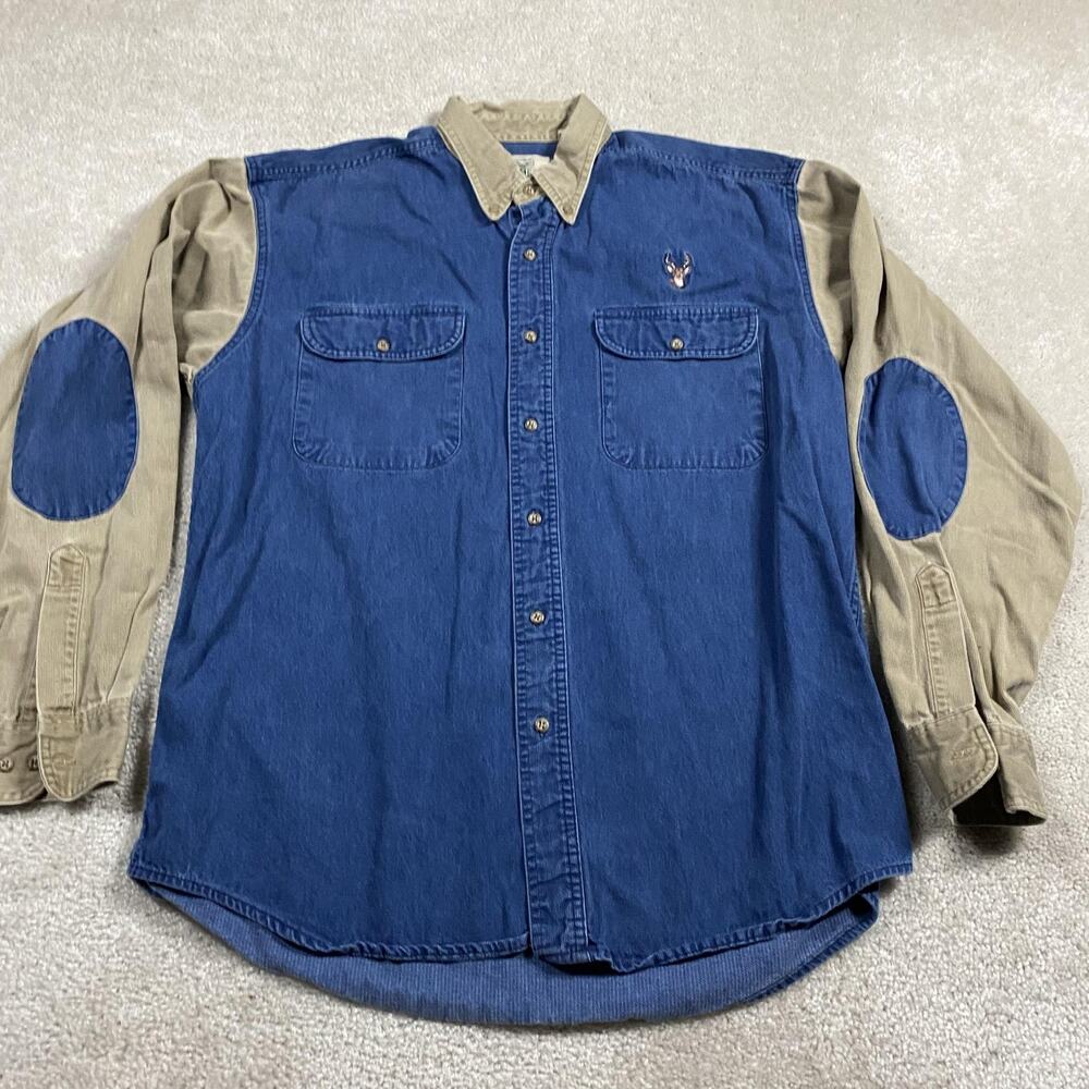 VTG RedHead‎ Shirt Mens L Blue Denim Elbow Patch Hunting Button Up Western